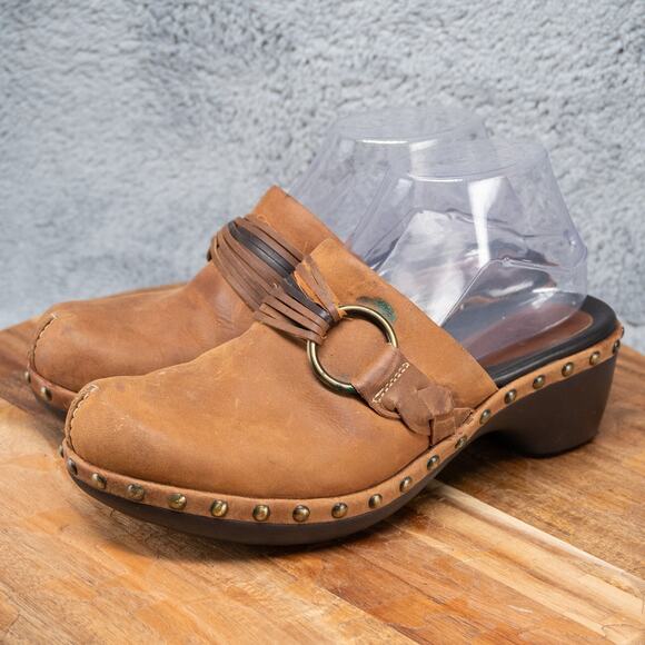 Ecco Leather Studded Slip On Size 7 EU 38 Mules Clogs Chunky Strap Boho Brown - Picture 3 of 7
